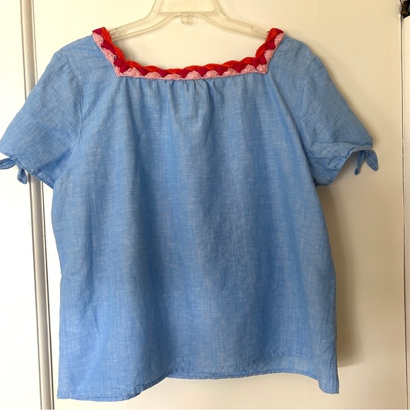 Talbots Blue Linen Top Crochet Trim Pink Coral Short Tie Sleeve Blouse size 2XP - Picture 11 of 16